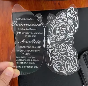 Wholesale Personalized Wedding Invitation Cards Luxury Velvet Envelope Transparent Acrylic Invites Acrylic Butterfly Invitation