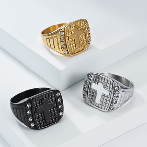 Bague en acier inoxydable de luxe, argentée, dorée, noire, avec croix et diamant rond, bagues de doigt en acier inoxydable - Product Image 5