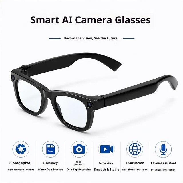 T100 Smart AI Glasses 8MP Shooting Camera 1080P HD Photo Video Voice HIFI Music Gaming Calling Wireless Earphones Wearable