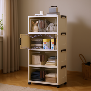 ตู้เก็บของพลาสติกแบบซ้อนได้ทันสมัย สี่ชั้น พับเก็บได้ ลิ้นชักแบบมีล้อ ดีไซน์เปิดด้านหน้า สำหรับเสื้อผ้า หนังสือ ของใช้ในบ้าน - Product Image 2