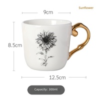 Mug en céramique de style européen simple avec anse dorée, motif floral tournesol blanc, tasse à café de luxe léger en stock