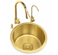 Évier de cuisine rond en acier inoxydable doré avec robinet à arc haut, robinet secondaire et distributeur de savon pour villa, hôtel, fourniture OEM ODM B2B