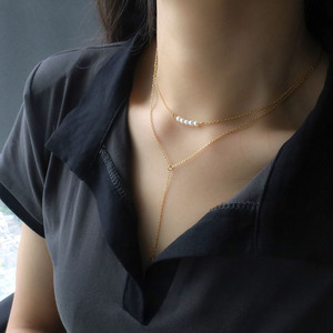 European American Fashion Minimalist Double Layer Tassel Pearl Necklace Gold <b>Titanium</b> Steel Clavicle <b>Chain</b> For Women Gift - Product Image 2