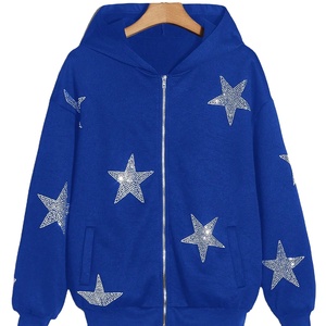 Men Customized Rhinestone Star Pattern Drop Shoulder Zip Up Hoodie Made With High Quality Material