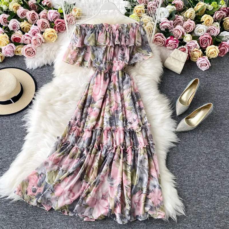 높은 허리 여성 여름 프릴 슬래시 어깨 드레스 짧은 소매 꽃 인쇄 긴 드레스 108cm 길이