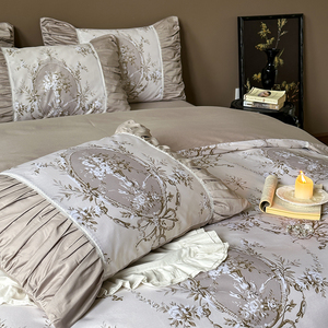 Parure de lit en coton style rétro français, 100 fils, à volants floraux, pour usage domestique - Product Image 3