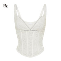 Top Corset Bustier de Luxe Haut de Gamme, en Gros, OEM/ODM, Brodé de Dentelle, Col en V, Bretelles Fines, Perles, Ceinture
