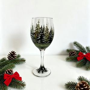 Verre à vin sans pied ou à pied, peint à la main, motif Forêt enneigée de Noël, sans plomb, épaissi, pour les fêtes, verre à eau ou à vin - Product Image 3