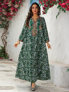 ชุดมุสลิมแบบเรียบหรูดูไบปี 2026 คอจีนยาว สีเขียวเข้ม พิมพ์ลายดอกไม้ ปักลาย อบายะ ไซส์เดียว แขนยาว - Product Image 4