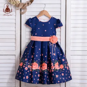 B19-123 Fashion Flower Waistline Kids Clothing Party Wear Floral Printed Children Girl Boutique Dress For Girl 2-10 Years