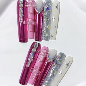 Faux ongles à presser faits main, longs, style ballet, avec 50 petits strass étincelants et brillants, 10 pièces - Product Image 4