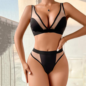 Hoge Kwaliteit Doorzichtige Mesh Gesplitste Sexy Lingerie 2 Stuks Diepe V-Hals Comfortabele Blootgestelde Borst Beha & Slip Set Voor Vrouwen - Product Image 1