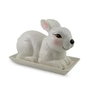 Paskalya tavşanı tereyağı tabağı kapaklı yenilik el boyama toptan seramik tavşan şekli 3D tereyağı tabağı