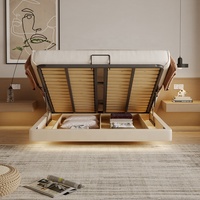 Lit Double Moderne et Simple Multifonctionnel avec Coffre de Rangement Élevé, Design LED, pour Chambre, Hôtel et Appartement