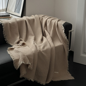 <span class=keywords><strong>Plaid</strong></span> beige 4 couches 100 % coton, motif gaufré, avec pompons, pour canapé et lit, toutes saisons, décoration intérieure neutre, moderne et confortable, vente en gros - Product Image 1