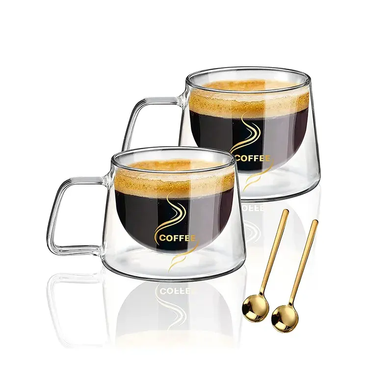 Thiết kế thanh lịch đôi tường chịu nhiệt Borosilicate rõ ràng Glass Coffee cup Set với muỗng