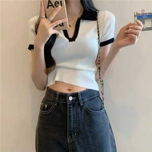 WQZ26008 Vente en gros d'usine T-<span class=keywords><strong>shirt</strong></span> d'été pour femmes T-<span class=keywords><strong>shirt</strong></span> à manches courtes en tricot <span class=keywords><strong>Col</strong></span> en <span class=keywords><strong>V</strong></span> T-<span class=keywords><strong>shirt</strong></span> pour filles - Product Image 4