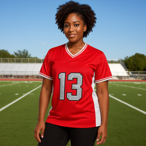 Maillot de football DST rouge et blanc avec numéros à paillettes 13, logo personnalisé, manches courtes, col en V, respirant, évacuant l'humidité - Product Image 2