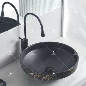 Lavabo de Diseño Creativo Yeson, Redondo, de Porcelana con Efecto Mármol Negro y Dorado, Lavamanos de Cerámica para Baño, Lavabo Artístico para Encimera - Product Image 1