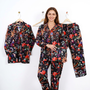 Women's Floral Printed Satin Pajama <b>Set</b> Long Sleeve Full Length Turn-down Collar Casual Sleepwear 2 Piece Outfit - Product Image 1