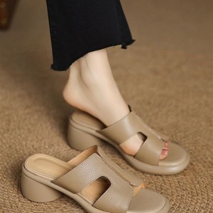 Foreign Trade Women's Open <b>Toe</b> Chunky <b>Heel</b> Mid <b>Heel</b> Thick Sole Slip-On Sandals Cowhide Leather Polyurethane Outsole Outdoor - Product Image 1