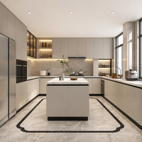 Meuble de cuisine moderne sans poignée, aspect marbre, plan de travail en quartz, vitrine en verre, armoires en contreplaqué résistant à l'humidité