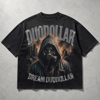 Kaos Katun Tebal Hitam Pria dengan Cetakan Gambar Masker Gas di Depan, Logo Gothic di Belakang, Model Distressed Boxy Streetwear, OEM Custom