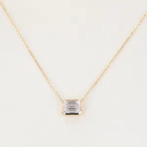14k Yellow Gold 5*7mm Emerald Cut Bezel Setting Lab Made Diamond Jewelry 40+5 CM Pendent Necklace