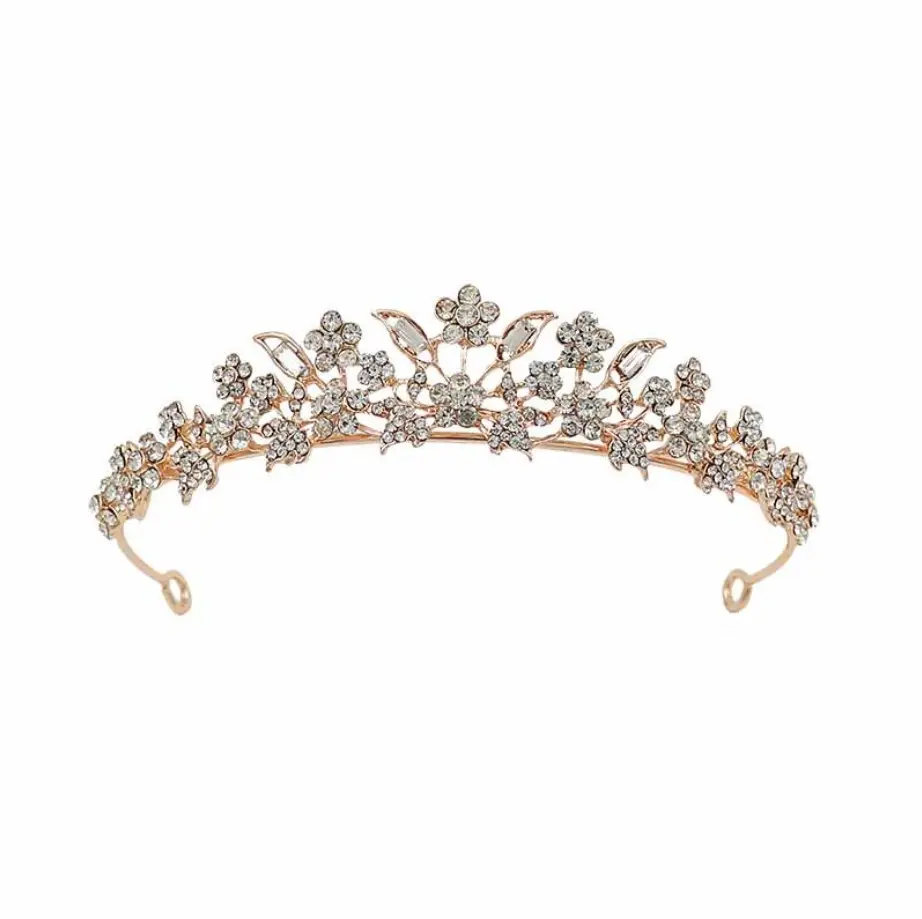 Factory handmade wedding flower tiara luxury metal princess rhinestone crown bridal tiara