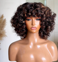 Perruque Cheveux Humains Ondulés Marron Foncé Effet Rebondissant, Perruques Courtes Entièrement Confectionnées à la Machine pour Femmes Noires, Densité 250%, Sans Lacet, Avec Frange