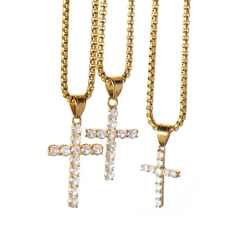 Dainty 18K Gold Plated 316L Stainless Steel Christian Jesus Jewelry Bling Large Big Diamond Cross Pendant Necklace for Women Men
