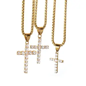 Dainty 18K Gold Plated 316L Stainless Steel Jewelry Bling Large Big Diamond Zircon Cross Pendant Necklace for Women Men