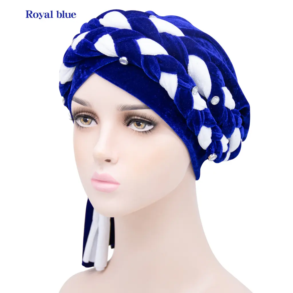 New ethnic style long braid velvet turban hat Fashion color matching beaded chemotherapy manufacturer women cap in stock