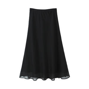 Falda Midi Etérea Ligera con Corte en Diagonal, Estilo Cola de Pez, Talla Grande, Color Negro Sólido, Poliéster, Estilo Minimalista, Nueva Colección Primavera para Mujer - Product Image 1