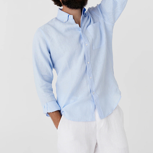 Usine directe Cool respirant <span class=keywords><strong>bleu</strong></span> <span class=keywords><strong>ciel</strong></span> hommes <span class=keywords><strong>chemise</strong></span> en <span class=keywords><strong>lin</strong></span> décontracté popeline Style simple boutonnage été voyage extérieur uni teint - Product Image 2