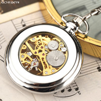 Montre de poche mécanique squelette de luxe argentée à remontage manuel pour homme avec chaîne FOB, montre de poche unisexe en acier lisse pour femme
