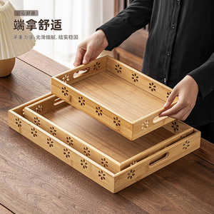 Juego de tres bandejas rectangulares con asas, diseño de flor de ciruelo, bandeja tallada para el hogar, bandeja rectangular para té y aperitivos de hotel, para frutas - Product Image 2