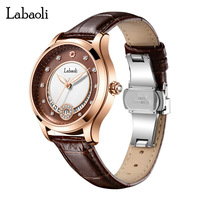 Montre pour femme Labolli Light-Luxury, alliage, 39 mm, étanche 30 m, mécanique à aiguilles, bracelet en cuir véritable, fermoir papillon, tendance