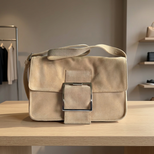 Sac à bandoulière vintage en cuir pleine fleur beige, fermeture à boucle carrée, design minimaliste, sangle unique, utilisation quotidienne toutes saisons - Product Image 2
