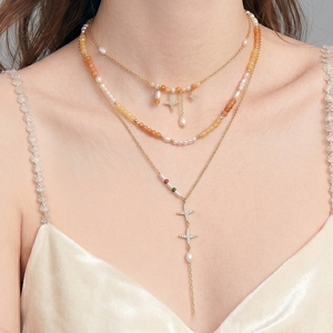 Set di Collane Stratificate Boho di Lusso Placcate in Oro 18K per Donne, Girocollo con Perline di Cristallo Giallo Citrino, Ciondolo a Stella, Collana a Y con Perle ABAS - Product Image 3