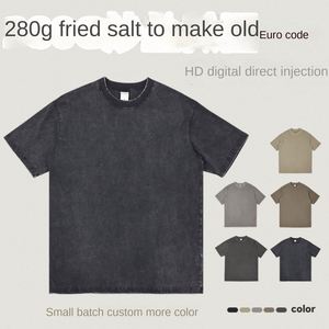 Men's 280G Retro Faded T-shirt European Size Short Sleeve Cotton Solid Pattern Digital Direct Injection Logo Oversize T Shirts - Product Image 3