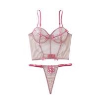 Ensemble de lingerie sexy Deep Love Pink avec nœud 3D brillant, maille transparente respirante et armatures sculptantes
