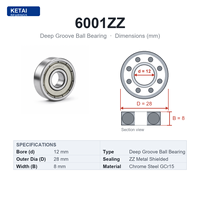 6001ZZ Bantalan Bola Alur Dalam Baja Krom Pelindung Logam Ganda 12x28x8mm untuk Gearbox Peralatan Motor Listrik ISO ABMA