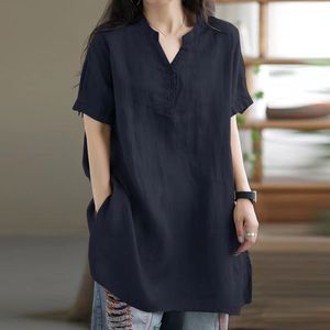 Plus Size Women's Loose V-Neck Short Sleeve Solid Color T-Shirt Navy Blue Polyester Woven Shirt Spring Summer Wear - Product Image 1
