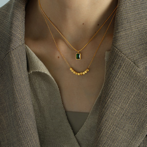 <b>Emerald</b> Zircon <b>Pendant</b> 18K Gold Plated Geometric Double Layer Clavicle Chain Gift Necklace - Product Image 3