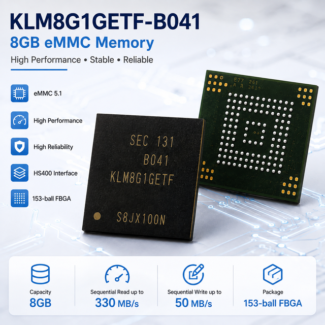 KLM8G1GETF-B041 Original New EMMC Memory IC 8GB 5.1 HS400 Interface 153BGA Storage Chip Read/Write Speed 330MB/s/50MB/s