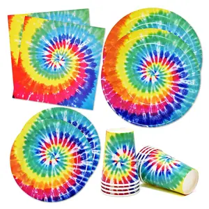 Nicro Colorful Rainbow Tie dye Theme Baby Shower Party Supplies Disposable Paper Happy Birthday Tableware Table Decoration Set