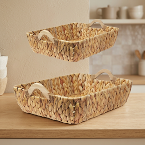 Panier de rangement moderne tressé à la main avec poignées en bois, lot de 2 paniers pliables en jacinthe d'eau pour l'organisation - Product Image 1
