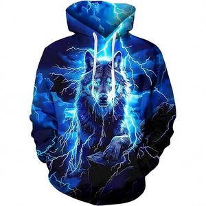 Felpa con Cappuccio da Uomo Autunno Inverno 2026, Stampa Animale Lupo, Poliestere, Vestibilità Ampia, Tasca, Stile Europeo - Product Image 2