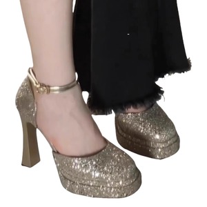 Women's 2026 Champagne Gold Chunky Heel Model-Style High Heels Fashionable and Sexy Double Platform High Heels - Product Image 5